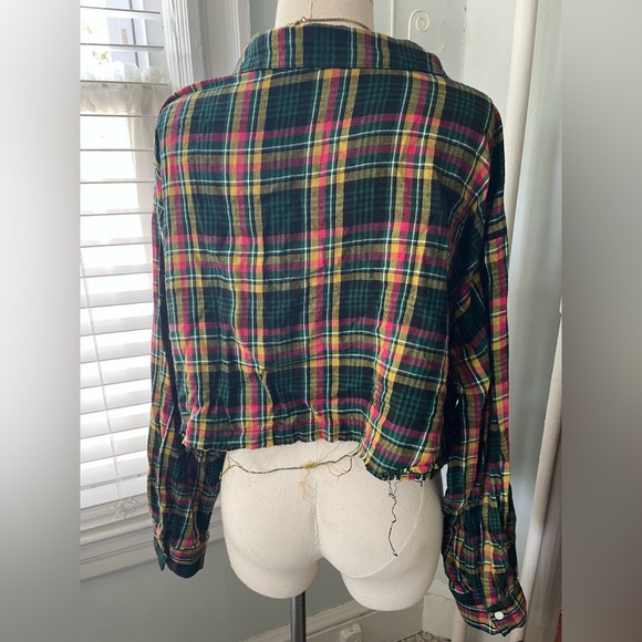 Savage X Fenty Cropped Raw Edge Plaid Button Down Shirt Blue Academia Size 1X - Picture 5 of 5